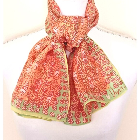 VTG Vera Silk Scarf Made in Japan Orange /Lime Paisley Print Rolled Edge 14X42 - Picture 4 of 8